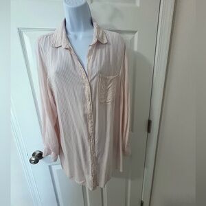 New Leaf womens plus 1x pink white striped rolled long sleeve button blouse